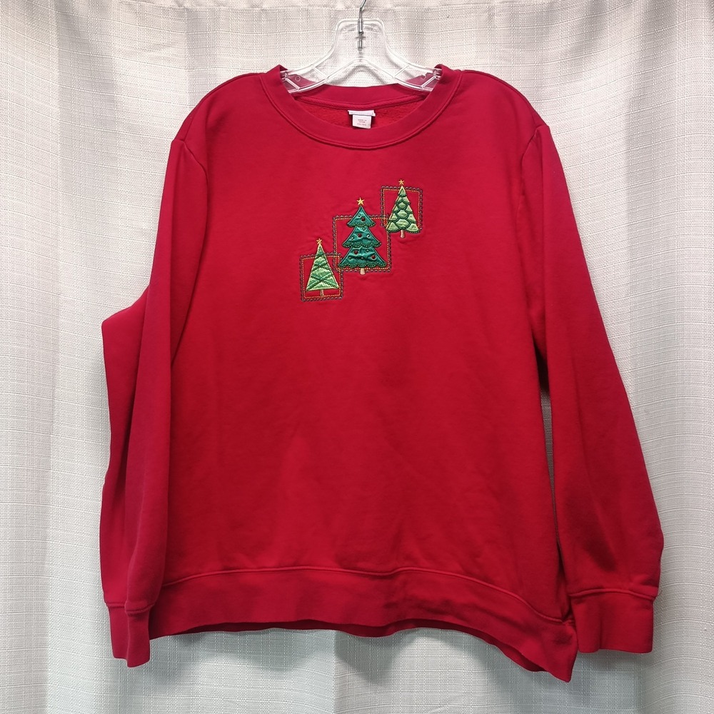 Holiday Editions Red Embroidered‎ Christmas Tree Womens XXL Crewneck Sweatshirt